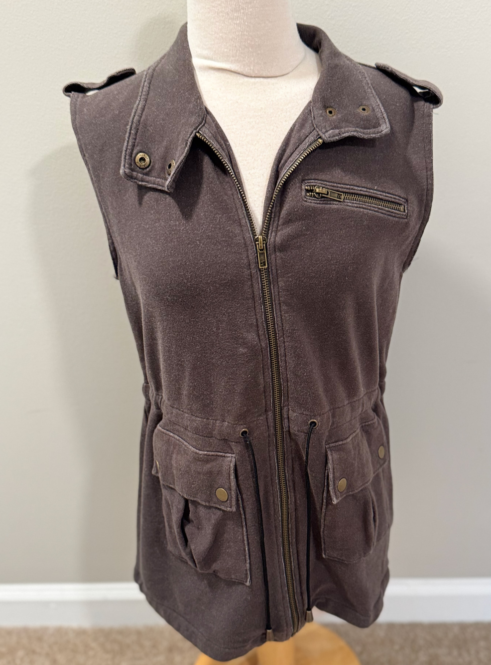 Vintage 525 America Small Vest Brown Cotton French Terry Moto Utility Cargo Y2K